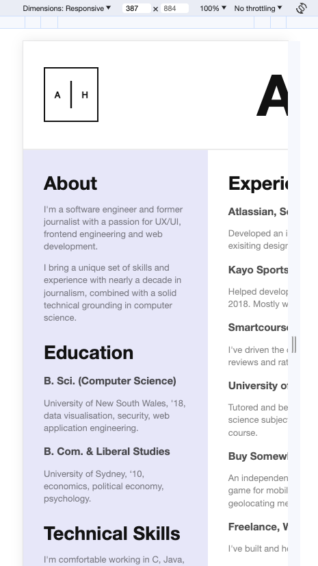 Screenshot of the old resume in mobile