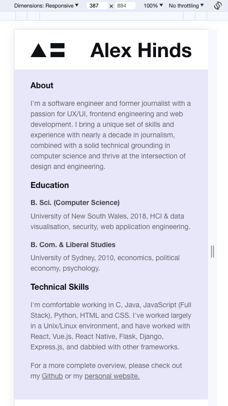 Screenshot of the new resume in mobile